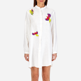Donna Camicie Ricamato - Camicia donna in lino con colletto rigido e ricamo Birds of Paradise, Bianco supp1 Donna Camicie Ricamato - Camicia donna in lino con colletto rigido e ricamo Birds of Paradise, Bianco supp1