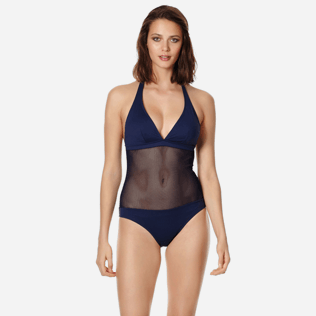 Women One piece Solid - Women One Piece Swimsuit Halter Solid, Navy frontworn Women One piece Solid - Women One Piece Swimsuit Halter Solid, Navy frontworn