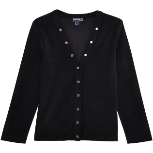 Donne 009 Unita - Cardigan donna in spugna tinta unita, Nero front Donne 009 Unita - Cardigan donna in spugna tinta unita, Nero front
