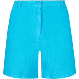 Mujer Autros Liso - Bermudas cortas en lino de color liso para mujer, Hawaii blue front Mujer Autros Liso - Bermudas cortas en lino de color liso para mujer, Hawaii blue front