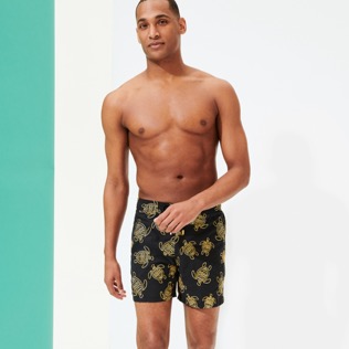 Picture of Men Classic Embroidered - Men Swim Trunks Vilebrequin Turtles, Black front worn view Picture of Men Classic Embroidered - Men Swim Trunks Vilebrequin Turtles, Black front worn view
