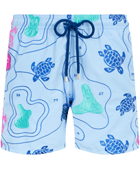 Men Classic Embroidered - Men Swimwear Embroidered Sea Floor Map, Sky blue front view