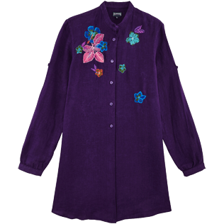 Women Others Embroidered - Women stand-up collar embroidered Linen Long Shirt Porto Rico, Reddish purple front Women Others Embroidered - Women stand-up collar embroidered Linen Long Shirt Porto Rico, Reddish purple front