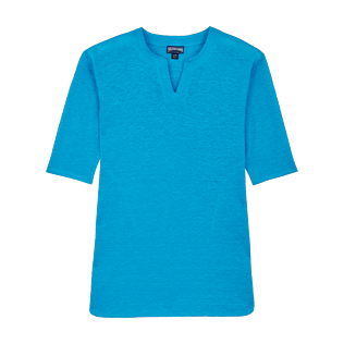 Niñas Autros Liso - Vestido de playa en lino de color liso para niña, Hawaii blue front Niñas Autros Liso - Vestido de playa en lino de color liso para niña, Hawaii blue front