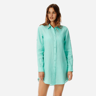 Women Others Solid - Women Long Linen Shirt Solid, Mint frontworn Women Others Solid - Women Long Linen Shirt Solid, Mint frontworn