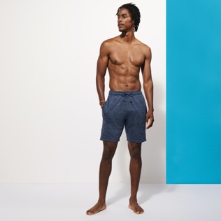 Men Others Solid - Unisex Linen Bermuda Shorts Solid, Navy heather front worn view