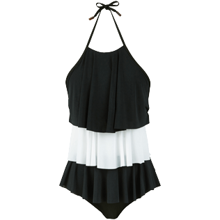 Damen Einteiler Uni - Solid Badeanzug mit Rüschen für Damen, Black/white front Damen Einteiler Uni - Solid Badeanzug mit Rüschen für Damen, Black/white front