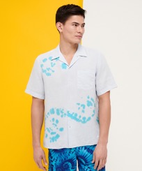 Snail Tie & Dye Bowling-Hemd aus Leinen und Baumwolle für Herren Aquamarin blau Vorderseite getragene Ansicht