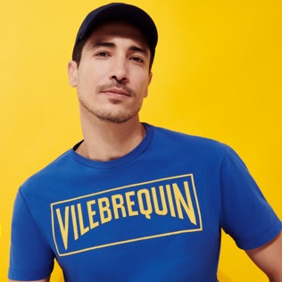 Camiseta de algodón con logotipo aterciopelado de Vilebrequin para hombre Mar azul detalles vista 1