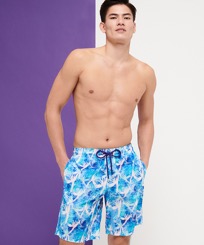 Herren Klassische Bedruckt - Ultraleichte, lange und verstaubare Paradise Vintage Badeshorts für Herren, Purple blue Vorderseite getragene Ansicht