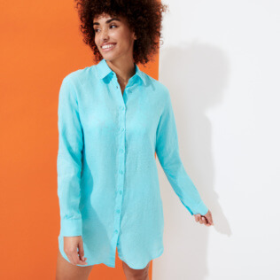 Mujer Autros Liso - Camisa larga en lino de color liso para mujer, Lazulii blue frontworn Mujer Autros Liso - Camisa larga en lino de color liso para mujer, Lazulii blue frontworn