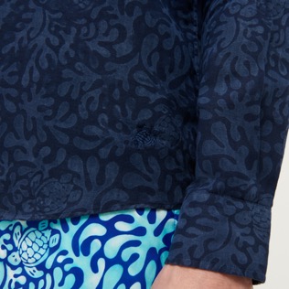 Herren Andere Bedruckt - Tropical Turtles Leinenhemd für Herren, Marineblau Details Ansicht 4