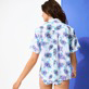 Donna Altri Stampato - Camicia donna in lino a maniche corte Flash Flowers, Purple blue vista indossata posteriore
