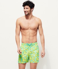 Men Swim Trunks Ultra-light and packables Turtles Smiley - Vilebrequin x Smiley® Lazulii blue front worn view