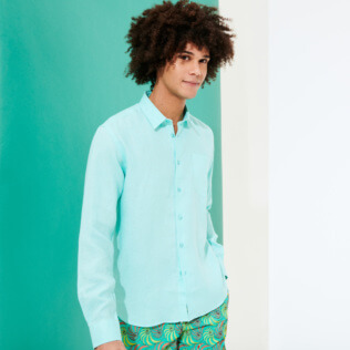 Photo de Homme AUTRES Uni - Chemise en Lin homme unie, Lagon vue de détail 8 Photo de Homme AUTRES Uni - Chemise en Lin homme unie, Lagon vue de détail 8