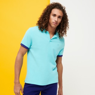 男款 Others 纯色 - Men Cotton Pique Polo Shirt Solid, Lazulii blue 正面穿戴视图
