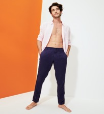 Men Others Solid - Men straight Linen Pants Solid, Midnight blue front worn view