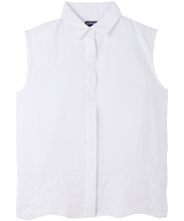 Damen Andere Bestickt - Kurzärmeliges Broderies Anglaises Leinenhemd für Damen, Weiss Vorderansicht