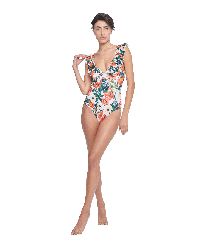 Women Underwire Printed - Women One piece Swimsuit Tropical Blooms, White front worn view