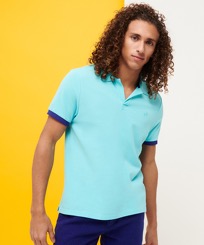 男款 Others 纯色 - Men Cotton Pique Polo Shirt Solid, Lazulii blue 正面穿戴视图