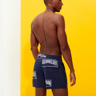 Men Stretch classic Printed - Men Swim Trunks Stretch Vilebrequin labels, Navy backworn Men Stretch classic Printed - Men Swim Trunks Stretch Vilebrequin labels, Navy backworn