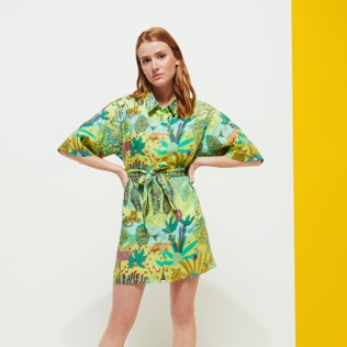 Women Others Printed - Women Linen Shirt Dress Jungle Rousseau, Ginger front worn view