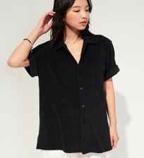 Men Others Solid - Unisex Terry Jacquard Bowling Shirt, Black women front worn view