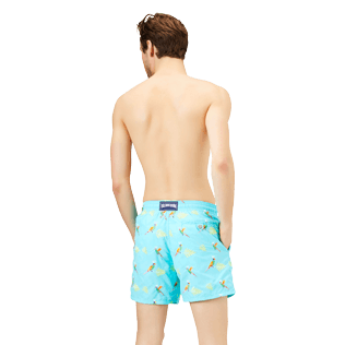 Men Classic Embroidered - Men Swimwear Embroidered Multicolore Parrots - Limited Edition, Lazulii blue back worn view