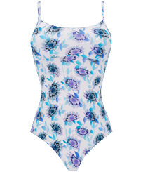 Women Round Neckline One-Piece Swimsuit Flash Flowers Purple blue front view