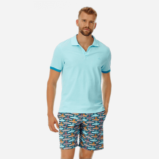 Hombre Autros Liso - Polo en piqué de algodón de color liso para hombre, Aguamarina frontworn Hombre Autros Liso - Polo en piqué de algodón de color liso para hombre, Aguamarina frontworn