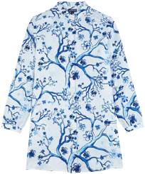 Women Others Printed - Women Linen Shirt Dress Cherry Blossom, Sea blue front view