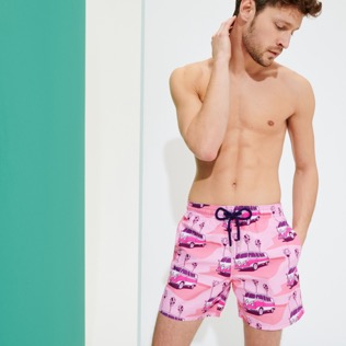 Picture of Men Classic Printed - Men Swimwear 1992 On The Road, Pink litchi front worn view Picture of Men Classic Printed - Men Swimwear 1992 On The Road, Pink litchi front worn view