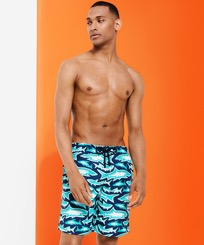 Men Others Printed - Men Stretch Long Swim Shorts Requins 3D, Navy front worn view