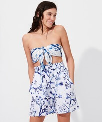 Damen Andere Bedruckt - Cherry Blossom Bermudashorts aus Leinen für Damen, Sea blue Vorderseite getragene Ansicht