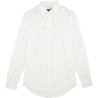 Mujer Camisetas Bordado - Camisa de algodón anudada alrededor del cuello con bordado de troquelado para mujer, Blanco front Mujer Camisetas Bordado - Camisa de algodón anudada alrededor del cuello con bordado de troquelado para mujer, Blanco front
