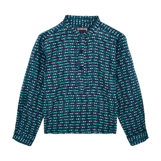 Niños Camisetas Estampado - Camisa en seda de algodón con estampado Modernist Fish para niño, Azul marino front Niños Camisetas Estampado - Camisa en seda de algodón con estampado Modernist Fish para niño, Azul marino front