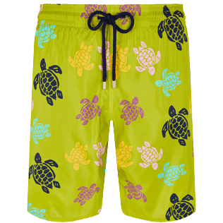 Men Long classic Printed - Men Swim Trunks Long Ultra-light and packable Ronde Des Tortues Multicolores, Matcha front view