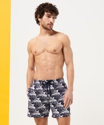 Men Classic Embroidered - Men Swim Trunks Embroidered Waves- Limited Edition, Sapphire front worn view
