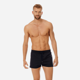 Men Short classic Solid - Men short and fitted stretch swimwear solid, Black frontworn Men Short classic Solid - Men short and fitted stretch swimwear solid, Black frontworn