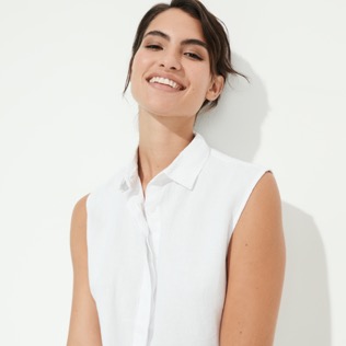 Mujer Autros Bordado - Camisa de manga corta de lino con bordado inglés para mujer, Blanco detalles vista 3