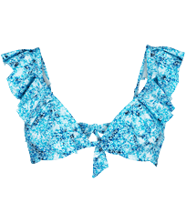 Women Halter Bikini Top Flowers Tie & Dye Marineblau Vorderansicht