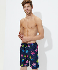 Men Long classic Printed - Men Long Ultra-light and packable Swim Trunks Ronde des Tortues Aquarelle, Navy front worn view
