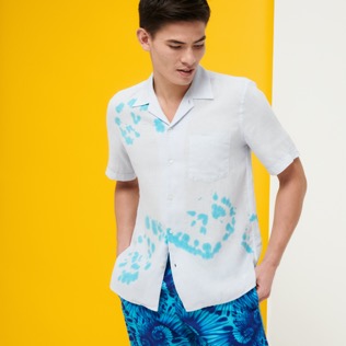 Men Others Printed - Men Bowling Shirt Linen and Cotton Snail Tie & Dye, Azure details view 4