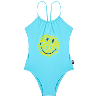Mädchen Fitted Bedruckt - Turtles Smiley Badeanzug für Mädchen – Vilebrequin x Smiley®, Lazulii blue Vorderansicht