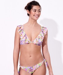 Women Underwire Printed - Women Halter Bikini Top Rainbow Flowers, Cyclamen front worn view