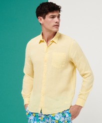 Men Others Solid - Men Linen Shirt Solid, Popcorn front worn view