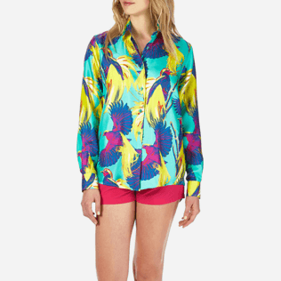 Mujer Camisetas Estampado - Camisa en sarga de seda con estampado Birds of Paradise para mujer, Veronese green supp1 Mujer Camisetas Estampado - Camisa en sarga de seda con estampado Birds of Paradise para mujer, Veronese green supp1