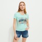 Damen Andere Bedruckt - Marguerites T-Shirt aus Baumwolle für Damen, Lagune Vorderseite getragene Ansicht