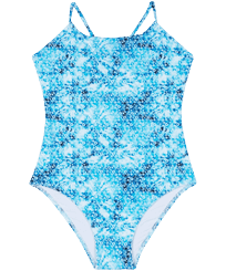 Girls One-piece Swimsuit Flowers Tie & Dye Marineblau Vorderansicht