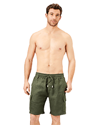 Men Others Solid - Men Linen Bermuda Shorts cargo pockets, Pepper front worn view